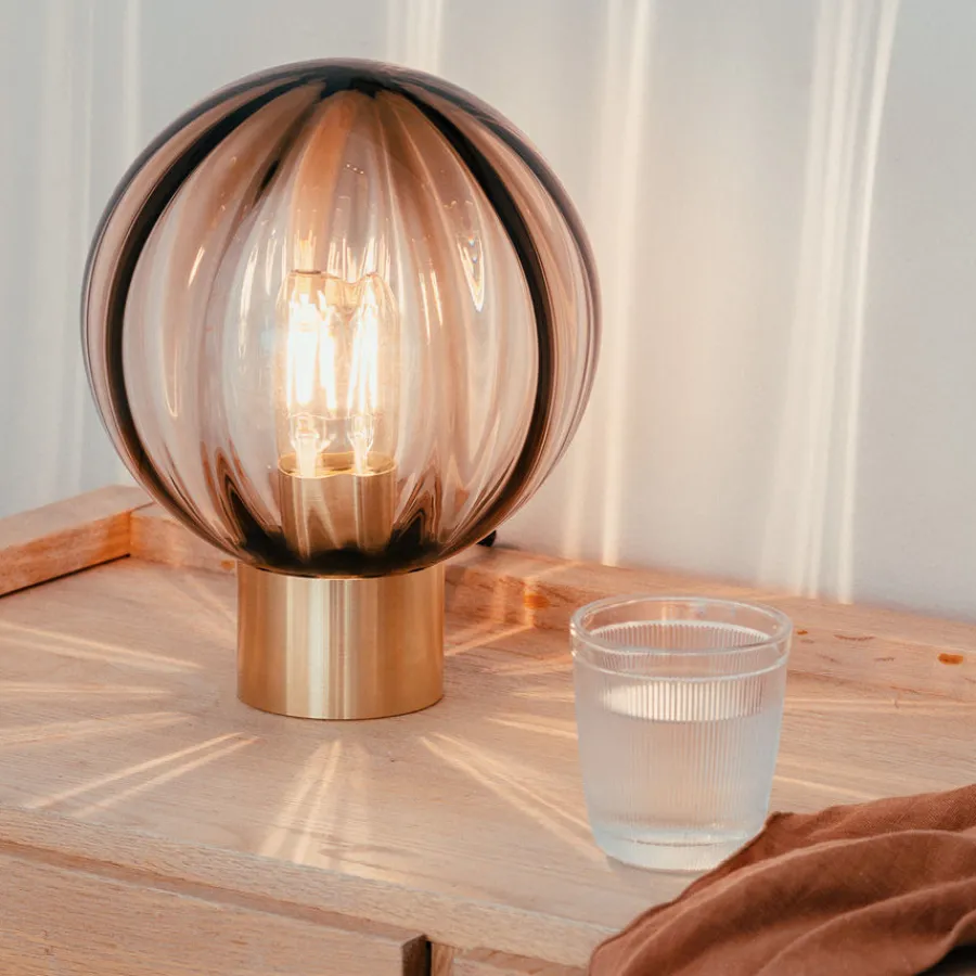 HADELAND GLASSVERK AS Bordlamper|Bordlamper-KRYSTALLKULE BORDLAMPE OPTIKK M. MESSING SOKKEL Kakao